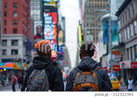 Two young men walking down a city street, one with a red Mohawk Two young men walking down a city street, one with a red Mohawk 112322365