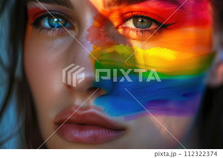 A woman with rainbow painted on her face 112322374