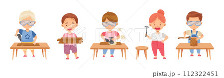 Children at Table Woodworking Making Items from Wood Vector Set 112322451