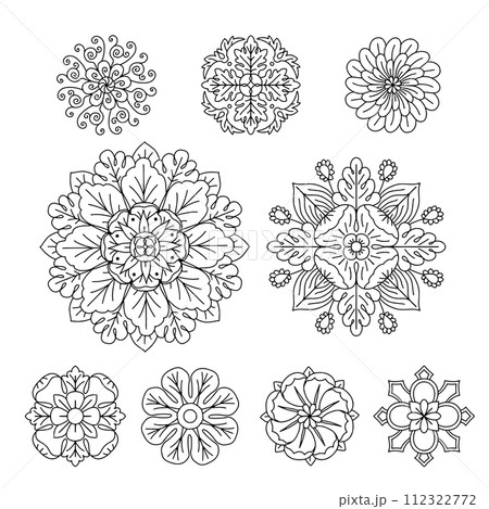 Hand drawn black linear classic floral rosette motifs set 112322772