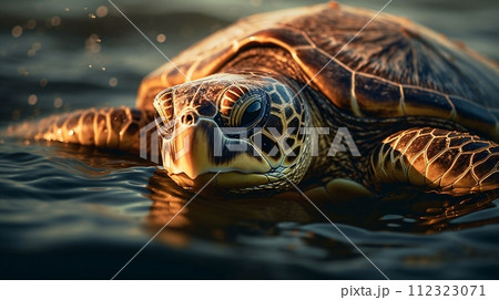 ウミガメのアップ、産卵で海から陸に上がる亀のイラスト素材