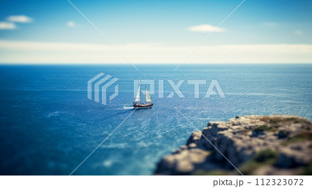青い海と白い帆のヨット、沖の船の風景 青い海と白い帆のヨット、沖の船の風景 112323072