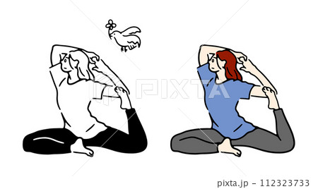 鳩のポーズをするヨガの女性インストラクター 鳩のポーズをするヨガの女性インストラクター 112323733