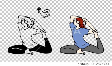 鳩のポーズをするヨガの女性インストラクター 鳩のポーズをするヨガの女性インストラクター 112323733