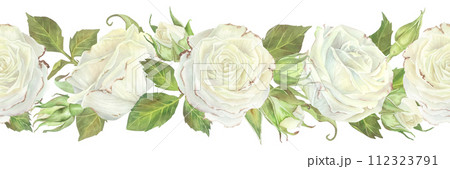 White Rose seamless Border. Watercolor illustration of wedding spring Flower. Hand drawn on isolated background. Drawing of vintage floral pattern. Painting of template frame for card and ribbons White Rose seamless Border. Watercolor illustration of wedding spring Flower. Hand drawn on isolated background. Drawing of vintage floral pattern. Painting of template frame for card and ribbons 112323791