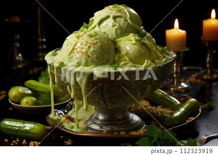 Cucumber ice cream in a creme fraiche on the table. 112323919