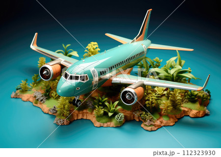 Mockup of a passenger aircraft on an island on a blue background. Concept of travelling by air transport 112323930