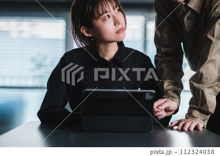 オフィスで2人ミーティングをする男女 112324038