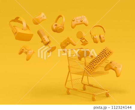 Flying gamer gears like mouse, keyboard, joystick, headset, VR on monochrome 112324144