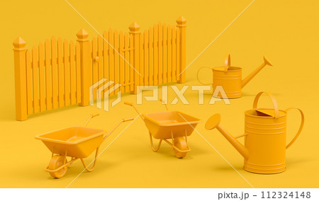 Garden wheelbarrow with garden tools like shovel, rake and fork on monochrome 112324148