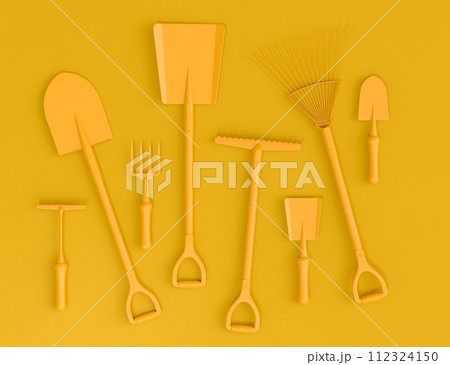 Garden shovel, pitchfork and rake on monochrome background, camping concept 112324150