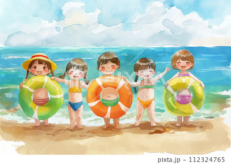 夏の海で遊ぶ子供たちのイラスト素材 [112324765] - PIXTA