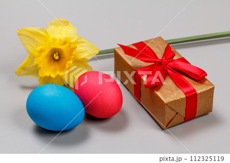 Colored Easter eggs and daffodil flower on the gray background. 112325119