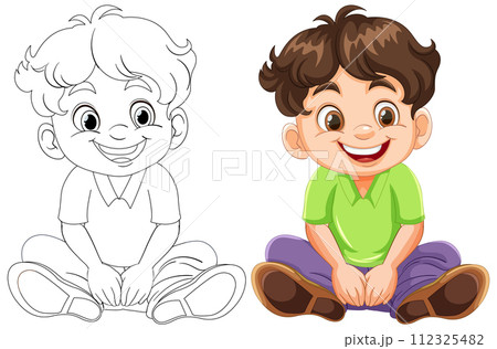 Cheerful Boy Sitting: Before and After 112325482
