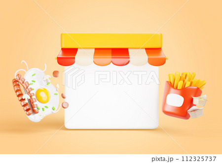 Street cafe, diner with awning, white wall frame and snacks 3d render. Fast food shop with french fries, sauce, fried egg and sausages icons on orange background, ad banner template. 3D illustration Street cafe, diner with awning, white wall frame and snacks 3d render. Fast food shop with french fries, sauce, fried egg and sausages icons on orange background, ad banner template. 3D illustration 112325737