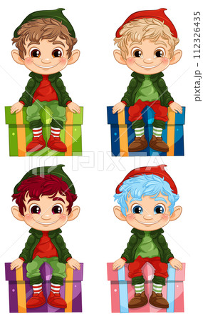 Colorful Elves Sitting on Gift Boxes 112326435