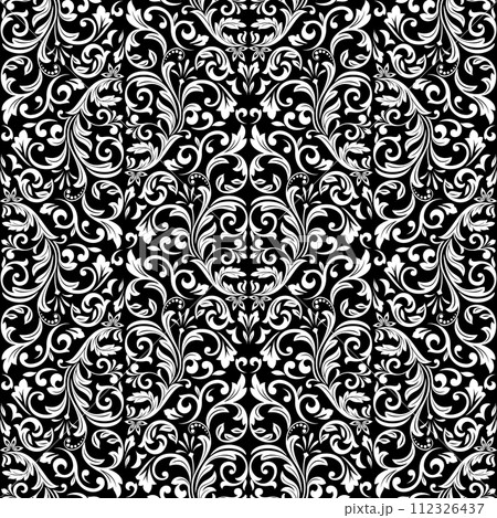 Wallpaper in the style of Baroque. Seamless vector background. White and black floral ornament. Graphic pattern for fabric, wallpaper, packaging. Ornate Damask flower ornament 112326437