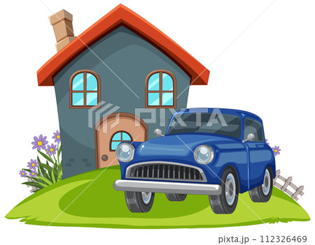 Cozy Home with Classic Blue Car 112326469