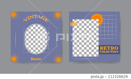 Collection of summer social media post templates in cartoon style. Square banner design background. 112326629