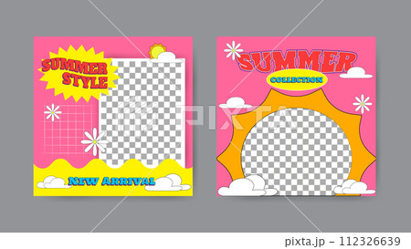 Collection of summer social media post templates in cartoon style. Square banner design background. Collection of summer social media post templates in cartoon style. Square banner design background. 112326639