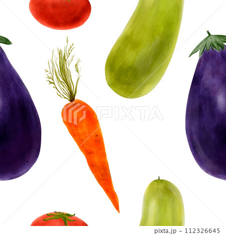Vegetable seamless pattern in watercolor, hand drawn. Eggplant, tomato, zucchini, carrots. For kitchen textiles, wallpaper, menu, packaging design Vegetable seamless pattern in watercolor, hand drawn. Eggplant, tomato, zucchini, carrots. For kitchen textiles, wallpaper, menu, packaging design 112326645