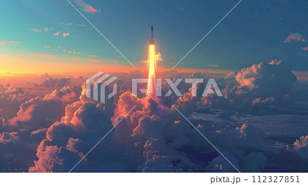AI-generated content. A rocket is soaring through the atmospheric phenomenon of clouds in the dusky afterglow of sunset, symbolizing innovation and air travel 112327851