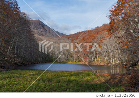 日本　青森県十和田市奥瀬蔦野湯にある湖沼郡、蔦七沼内にある長沼と紅葉 112328050