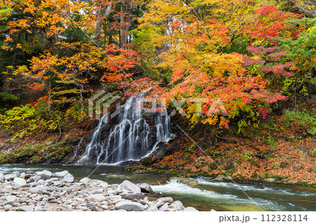 日本 青森県黒石市にある中野もみじ山の紅葉と不動の滝 日本 青森県黒石市にある中野もみじ山の紅葉と不動の滝 112328114