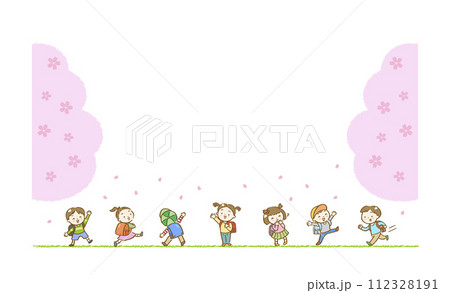 桜が舞う中元気いっぱいの子供達の手描きフレームイラスト 桜が舞う中元気いっぱいの子供達の手描きフレームイラスト 112328191