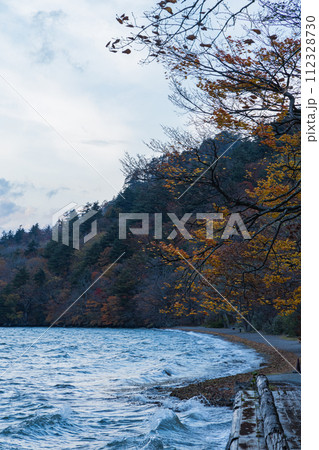 日本　青森県十和田市奥瀬十和田湖畔休屋の十和田湖と御前ヶ浜沿いの紅葉 112328730