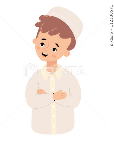 Cute islamic boy child. Happy muslim ethnic character. Vector illustration in cartoon flat style. 112330571