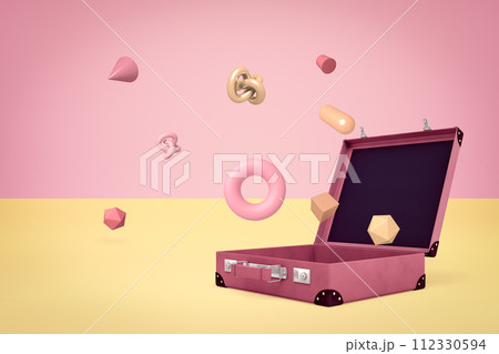 3d rendering of open suitcase with random objects on yellow pink background 112330594