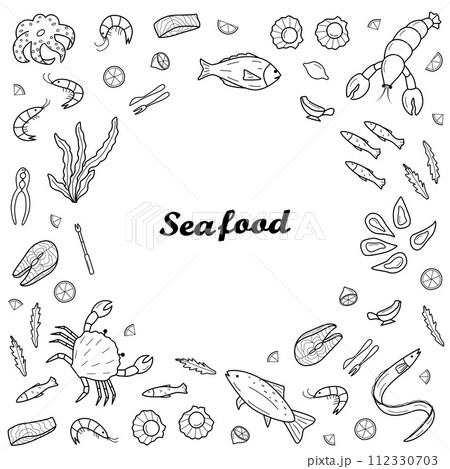 Seafood set of doodle icons. Vector illustration of seafood and cuisine. 112330703