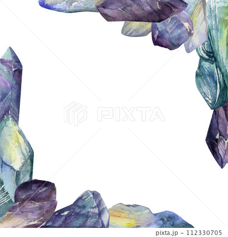 Hand drawn watercolor illustration precious jewel gem crystal chakra birth stone. Amethyst aquamarine moonstone lapis. Square frame isolated on white background. Design print, shop, jewelry, fashion 112330705