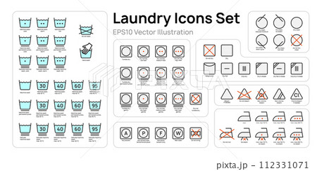 Big laundry icons set vector illustration design. Collection of washing symbols, bleaching, ironing, drying. 112331071