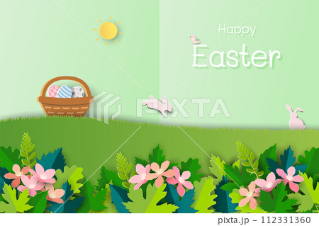 Happy Easter concept ,paper art style with easter eggs on beautiful garden Happy Easter concept ,paper art style with easter eggs on beautiful garden 112331360