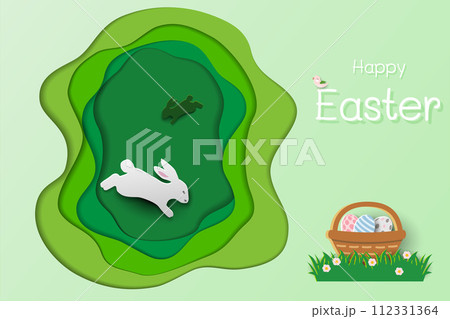 Happy Easter concept with cute rabbits and easter eggs on paper cut and craft style Happy Easter concept with cute rabbits and easter eggs on paper cut and craft style 112331364