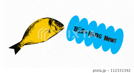 Poster. Contemporary art collage. Yellow fish with blue speech bubble 'BrekingNews' against white background. 112331392