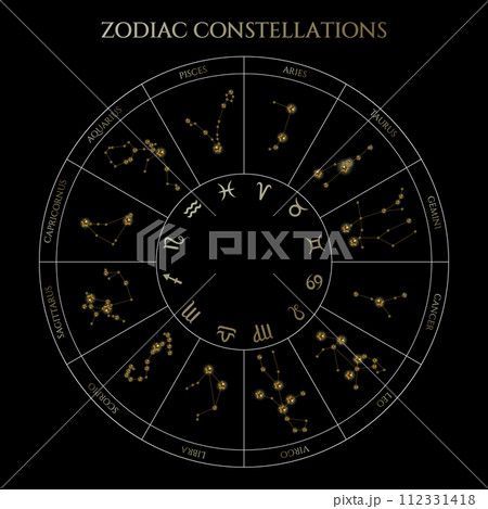 Zodiac constellations in a circle vector illustration design. Gold stars, horoscope collection and astrological signs. Zodiac constellations in a circle vector illustration design. Gold stars, horoscope collection and astrological signs. 112331418
