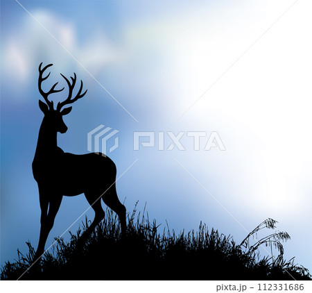 Silhouette of deer in the grass by the lake. Vector drawing Silhouette of deer in the grass by the lake. Vector drawing 112331686