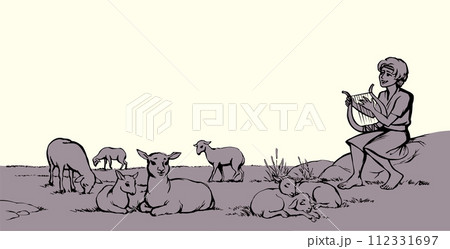 Vector drawing. Guy playing the harp at the field 112331697