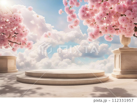 A beige stone oval podium decorated with pink sakura branches among airy clouds, soft pastel colors heavenly sunshine beams divine bright soft focus holy in the clouds A beige stone oval podium decorated with pink sakura branches among airy clouds, soft pastel colors heavenly sunshine beams divine bright soft focus holy in the clouds 112331957