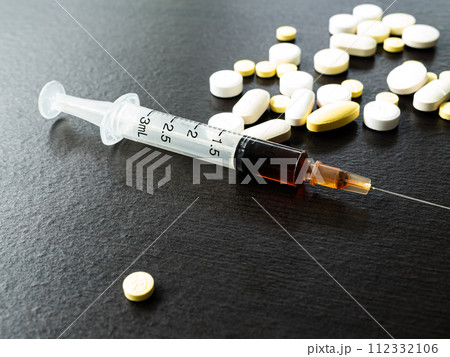 Heroin Narcotic in Needle with Pill, Treatment Cocaine Addict Drugs Speed in syringe Crime Abuse Cocaine Amphetamine Liquid Substance Medical Speed Use Overdose Problem Sick Junkie Bad Danger. 112332106