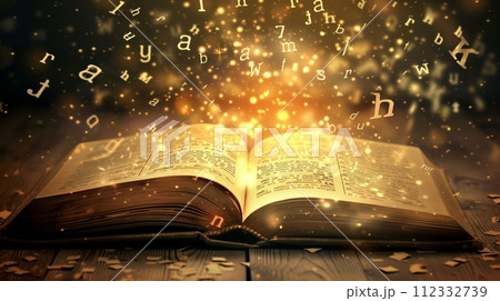 An open book with letters emerging from it,...のイラスト素材 [112332739] - PIXTA