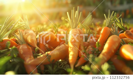 Carrots basking in the sunny daylight, depicted in hyperrealistic detail. 112332756