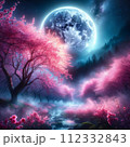 青い満月とせせらぎと大きな桜木の風景画 112332843