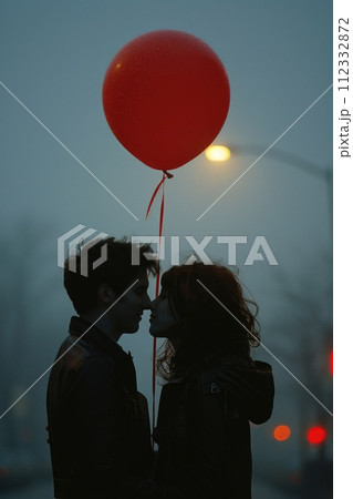 AI-generated content. A man and a woman kissing passionately beneath a red balloon in a romantic moment. 112332872