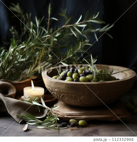 AI-generated content. A bowl filled with olives and a lit candle placed on a wooden table. 112332908