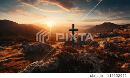 AI-generated content. A cross positioned on a hilltop with a stunning sunset backdrop. 112332953