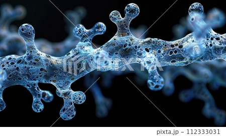 AI-generated content. Detailed view of a blue substance against a black background. 112333031